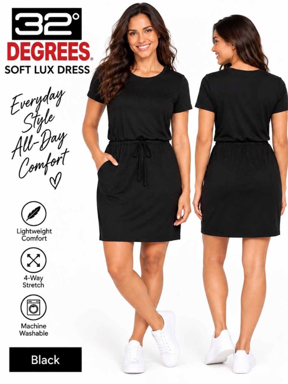 32 Degrees Soft Lux Black Dress Drawstring Waist Pockets Size S NWT